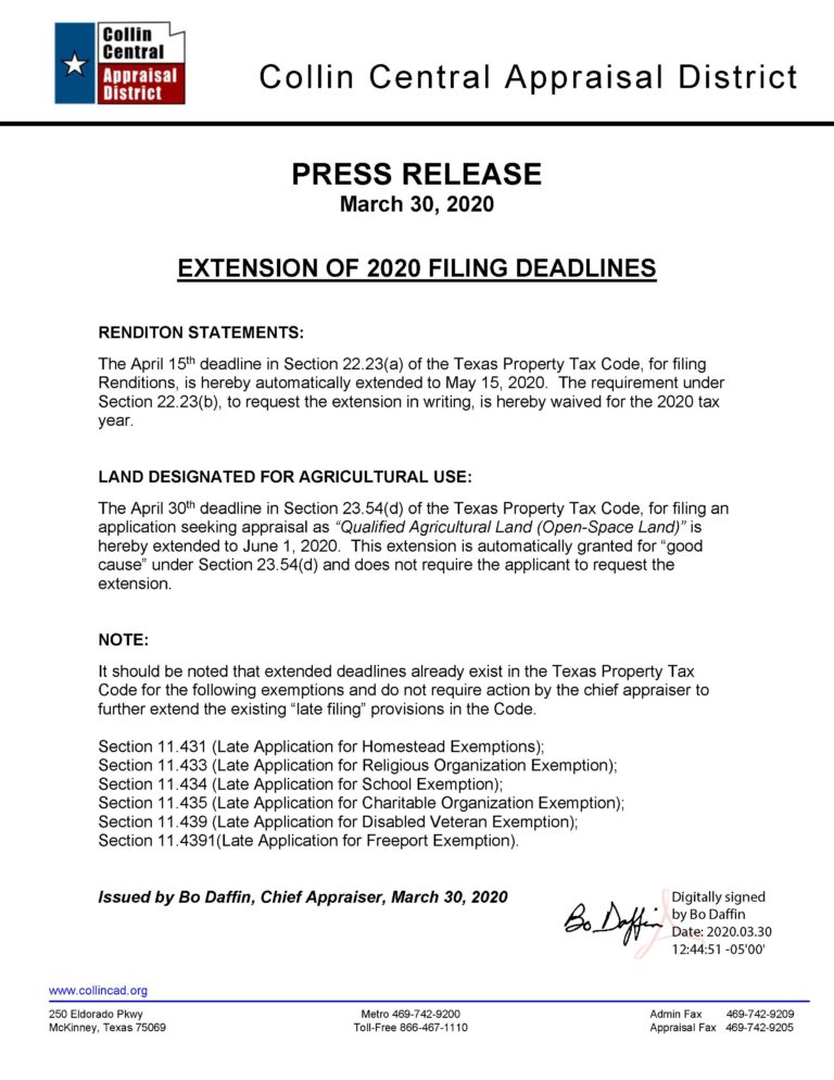 Collin CAD Extension Of 2020 Filing Deadlines Press Release March 30 